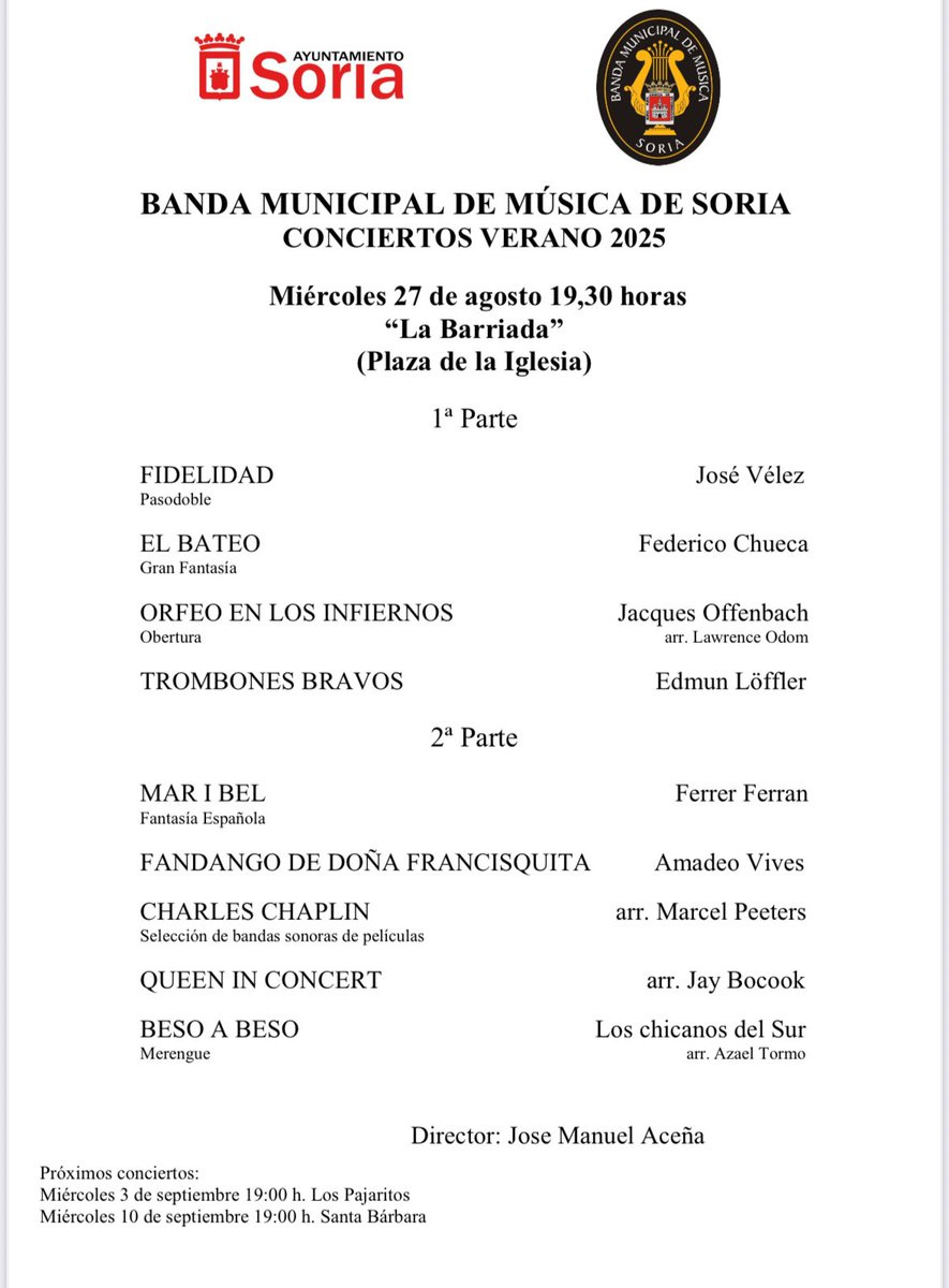 Este miércoles a las 19:30 horas nuevo concierto de la Banda Municipal, esta vez en La Barriada, en la Plaza de la Iglesia. 

Programa variado para nuestro último concierto de agosto.

#musica #verano #Soria