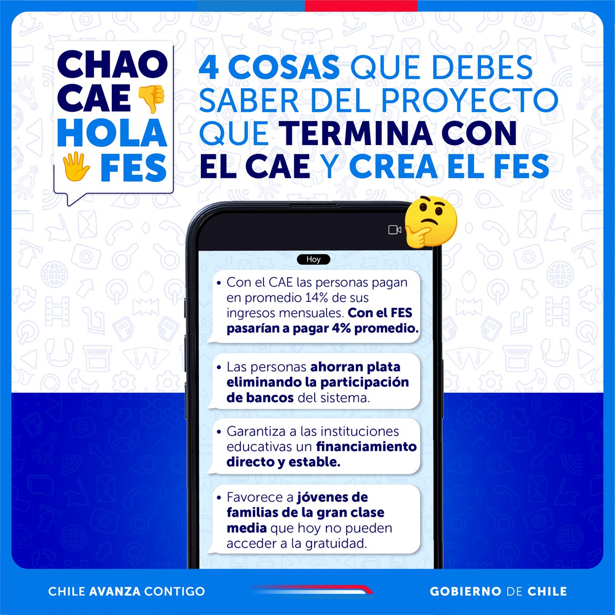 🎒 Revisa los detalles del proyecto que crea el FES y termina con el CAE, que fue despachado por la Cámara y ahora será revisado por el Senado:

✅ Cuotas justas
✅ Un sistema más ahorrativo
✅ Estabilidad institucional
✅ Beneficia a la clase media

Así de fácil: #chaoCAEholaFES
