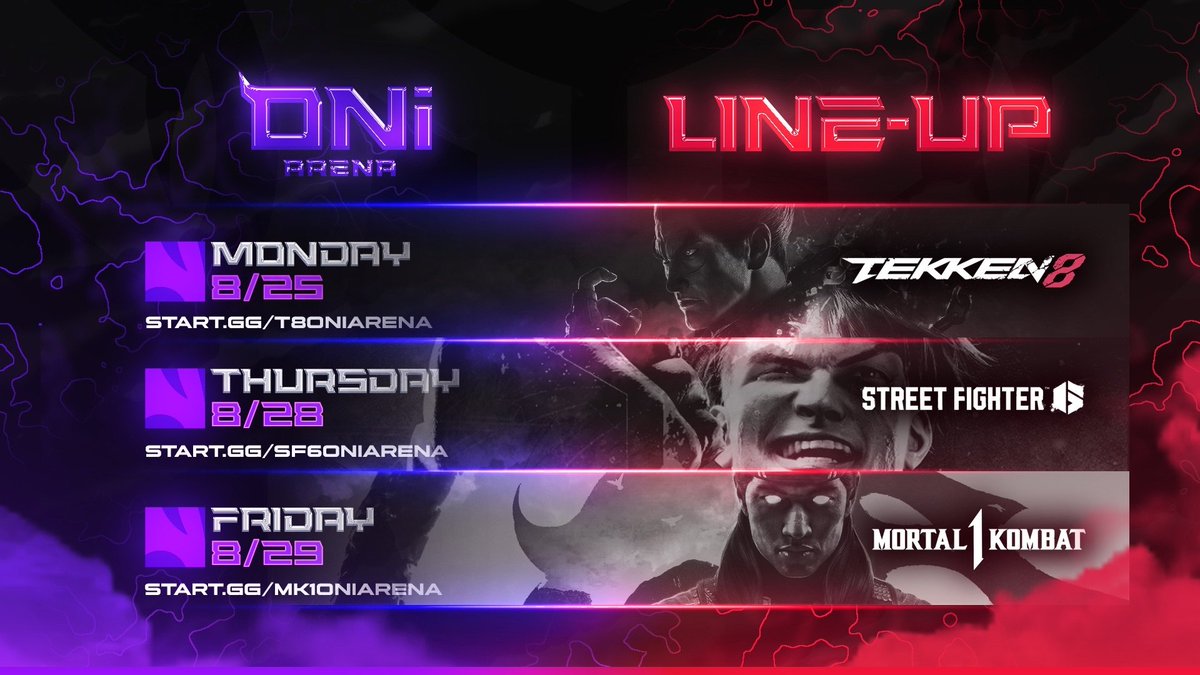 Check out our upcoming schedule for this week! 

#SF6 and #MK1  returns and we are debuting Tekken 8 this week! #T8 #TEKKEN8 

Signups are open for all games and are below in the comments! Hope to see you there! 

#FearTheRage 👹