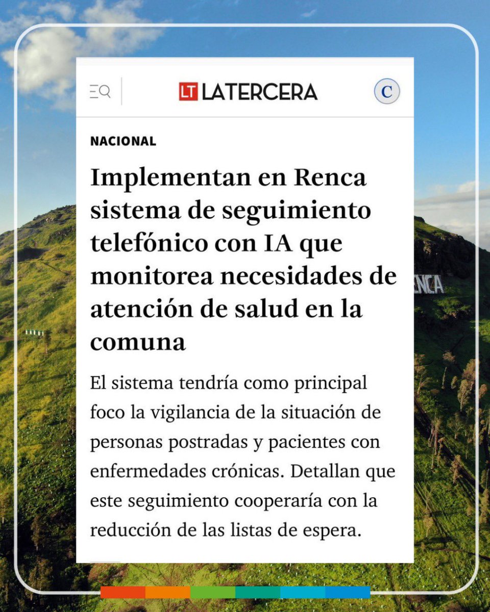 cn_castro's tweet photo. Desde Renca estamos apostando por la innovación para reducir las listas de espera en salud 💪🏼

Desde junio, implementamos un piloto pionero a nivel nacional: un sistema de Seguimiento Telefónico con Inteligencia Artificial para monitorear a personas postradas y pacientes con enfermedades crónicas 📞

💡 Esta tecnología permite detectar alertas tempranas, priorizar atenciones según riesgo y entregar respuestas oportunas, mejorando así la calidad de vida de nuestros vecinos y vecinas.