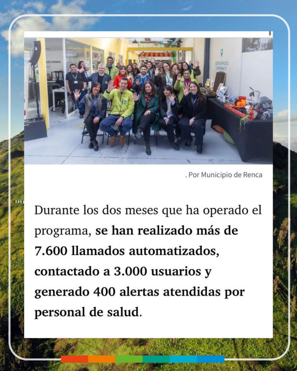 cn_castro's tweet photo. Desde Renca estamos apostando por la innovación para reducir las listas de espera en salud 💪🏼

Desde junio, implementamos un piloto pionero a nivel nacional: un sistema de Seguimiento Telefónico con Inteligencia Artificial para monitorear a personas postradas y pacientes con enfermedades crónicas 📞

💡 Esta tecnología permite detectar alertas tempranas, priorizar atenciones según riesgo y entregar respuestas oportunas, mejorando así la calidad de vida de nuestros vecinos y vecinas.