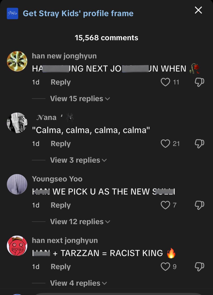 hjspopbase's tweet image. 🚨 Stays Attention ‼️

Han has been receiving targeted hate under Stray Kids TikTok posts. These comments are not only dehumanizing towards Han but also towards the late idols being used as rage bait.

We must act to protect him. ⬇️