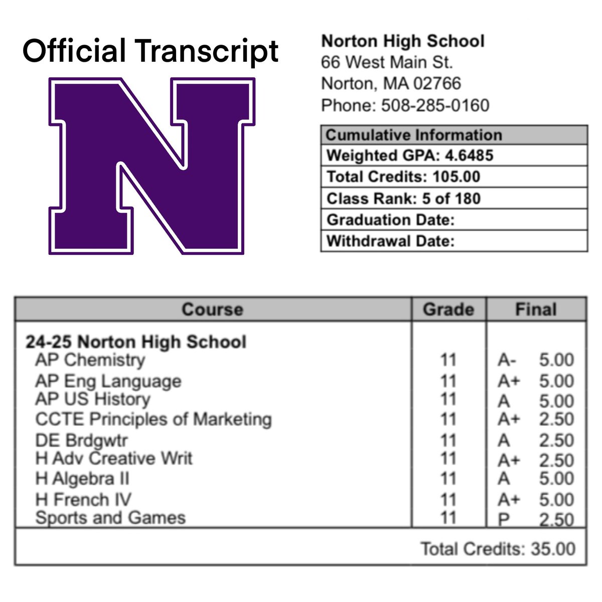 Got my transcript for the 2024–2025 school year. Hard work pays off on the field and in the classroom 💪📚 Proud to give my all in both! Senior Year 🔜
