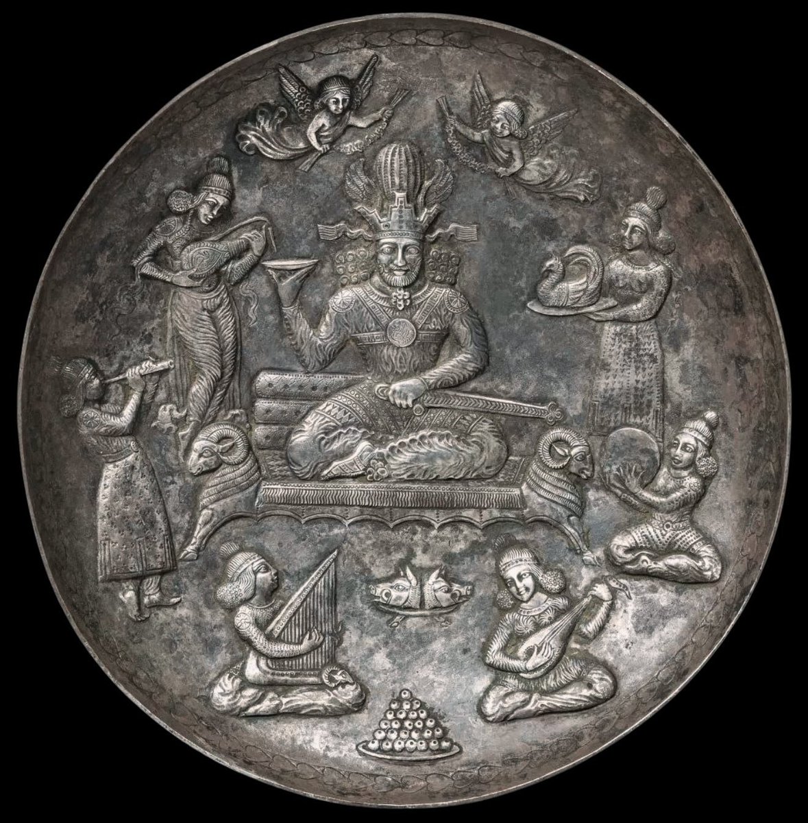 Sasanian Iranian emperors banquet shown on a silver plate