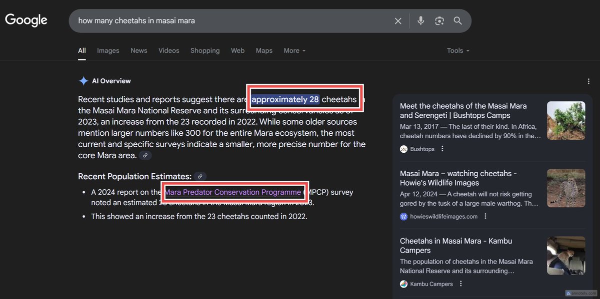 Google has nerfed itself as a source for fact-checking 

This AI Overview cites a report but links to another Google search instead of the actual report 

And if you re-run this query, you'll get a different number each time!