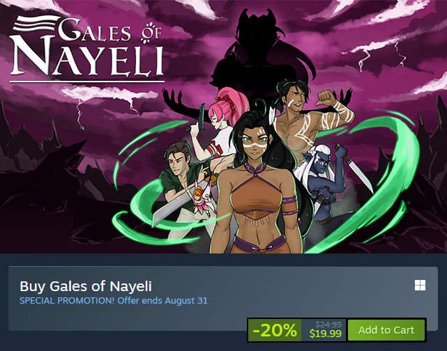 Gales of Nayeli is now ON SALE for a week!!! 

Don't miss out on your chance to get the game before our free content patch drops very soon! 👀

store.steampowered.com/app/1878490/Ga…