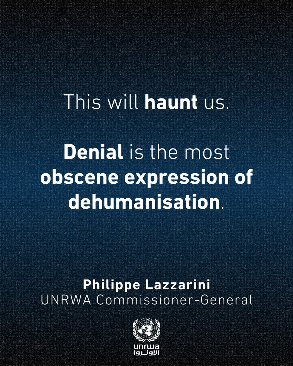 UNRWA's tweet image. “#famine is the last calamity hitting the people of #Gaza 

Hell in all shapes.

“Never Again” has deliberately become again.

This will haunt us.

Denial is the most obscene expression of dehumanisation.

It’s time for the Government of Israel to stop promoting a different…
