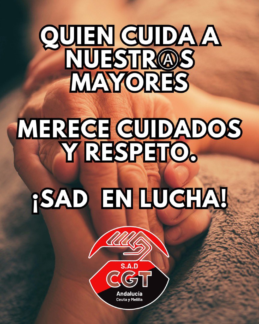 SAD CGT Andalucía,Ceuta y Melilla. (@sadandaluciacgt) on Twitter photo ✊ Quienes cuidan a nuestrⒶs mayores y dependientes merecen cuidados y respeto.
🔥 ¡El SAD está en lucha permanente por su dignidad profesional y derechos laborales!
❤️🖤 #sadandaluciacgt #LuchaSindical #SAD #cgtandaluciaceutaymelilla <a href="/destacar/">ISABEL FERNANDEZ AR</a> <a href="/CGT_A/">CGT Andalucia</a> <a href="/sadandaluciacgt/">SAD CGT Andalucía,Ceuta y Melilla.</a> <a href="/CgtCadiz/">CGT Cádiz</a> ✊ Quienes cuidan a nuestrⒶs mayores y dependientes merecen cuidados y respeto.
🔥 ¡El SAD está en lucha permanente por su dignidad profesional y derechos laborales!
❤️🖤 #sadandaluciacgt #LuchaSindical #SAD #cgtandaluciaceutaymelilla <a href="/destacar/">ISABEL FERNANDEZ AR</a> <a href="/CGT_A/">CGT Andalucia</a> <a href="/sadandaluciacgt/">SAD CGT Andalucía,Ceuta y Melilla.</a> <a href="/CgtCadiz/">CGT Cádiz</a>