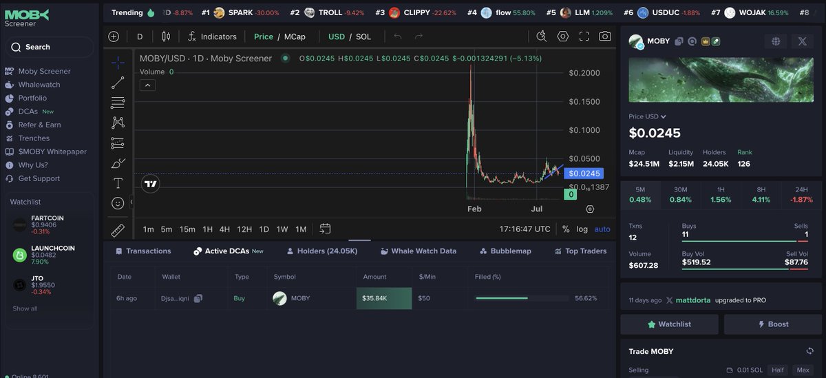 Tap into any coin -&gt; see all the DCAs in and out of it.

It is x-ray vision for the market. 

Only on MobyScreener.com.