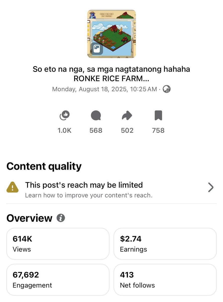 My first post about <a href="/RiceFarmerRonke/">Ronke Rice Farmers</a> reached about 600k people. I’m not posting this to brag or to protect this project but I never knew that there are people in the same community, <a href="/Ronin_Network/">Ronin</a> , trying to PVP and take down this project. What a shame. A thread: