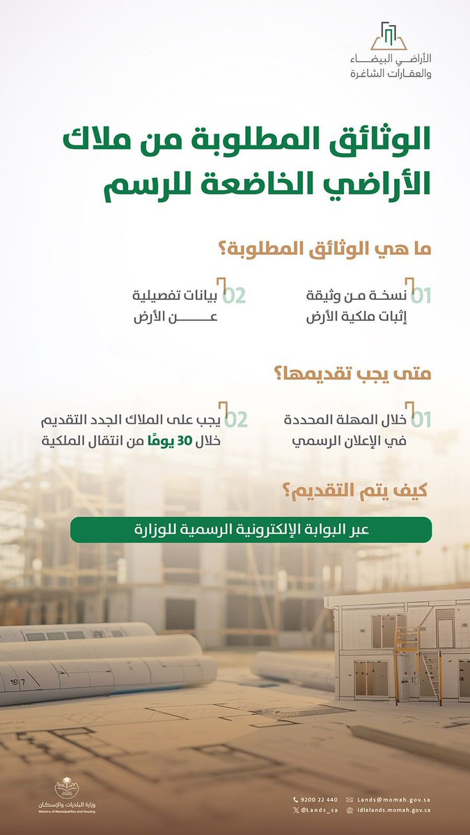 إذا كنت من ملاك الأراضي الخاضعة لـ #رسوم_الأراضي_البيضاء تأكد من تقديم الوثائق المطلوبة خلال الوقت المحدد في الإعلان الرسمي، وذلك عبر البوابة الإلكترونية الرسمية للوزارة.

الالتزام بالتسجيل في الأوقات المحددة يحميك من المخالفات.