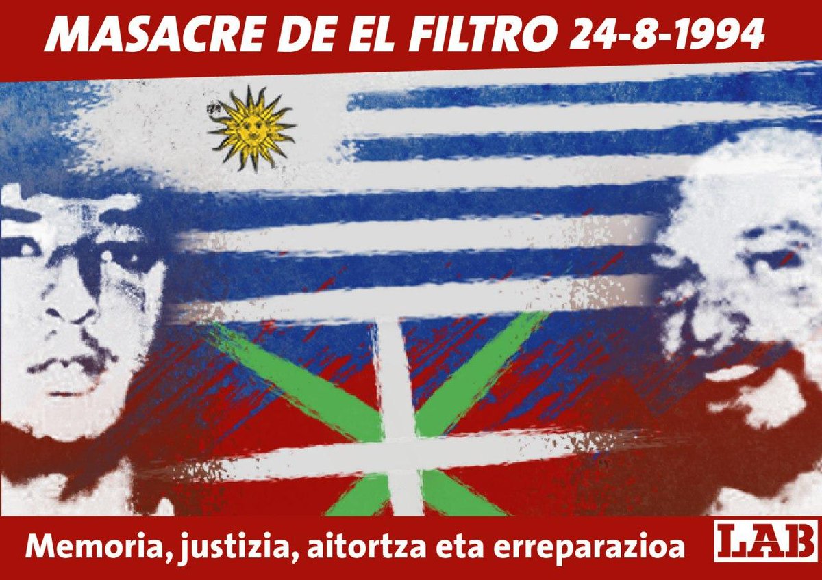 31 años de la masacre de El Filtro en #Uruguay.
Fernando Morroni y Roberto Facal fueron asesinados por protestar contra la extradición de Refugiados Políticos Vascos.
La central sindical <a href="/PITCNT1/">PIT CNT</a> convocó Huelga General.
El pueblo vasco jamás olvidará la solidaridad de #Uruguay 🌹