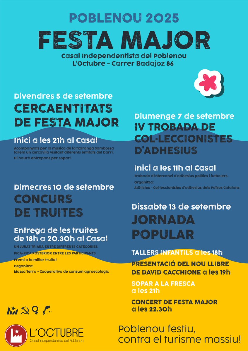 𝗙𝗘𝗠 𝗣𝗨𝗕𝗟𝗜𝗖𝗔 𝗟𝗔 𝗣𝗥𝗢𝗚𝗥𝗔𝗠𝗔𝗖𝗜𝗢 𝗗𝗘 𝗙𝗘𝗦𝗧𝗔 𝗠𝗔𝗝𝗢𝗥 𝗗𝗘𝗟 𝗣𝗢𝗕𝗟𝗘𝗡𝗢𝗨 𝗗𝗘𝗟 𝗖𝗔𝗦𝗔𝗟 🥳🔥

Poblenou festiu contra el turisme massiu! Visca la #FMPoblenou ‼️

Fil!👇🏽