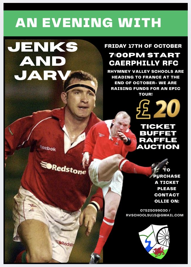 Rhymney Valley Schools Rugby (@rhymney_valley) on Twitter photo ๐
Date for the Diary ๐โฆ. ๐จ
Rhymney Valley Rugby presents and evening with Neil Jenkings and Lee Jarvis ๐
Contact Ollie on 07525099030 or Rvschoolsu15@gmail.com for tickets ๐๏ธ ๐
Date for the Diary ๐โฆ. ๐จ
Rhymney Valley Rugby presents and evening with Neil Jenkings and Lee Jarvis ๐
Contact Ollie on 07525099030 or Rvschoolsu15@gmail.com for tickets ๐๏ธ