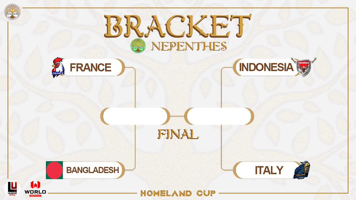 We have our finalists 🔥

🏆 Calathea TH17
⚔️ QF 🇫🇷 France vs México 🇲🇽 
⚔️ QF 🇮🇳 India vs South Korea 🇰🇷 
⚔️ QF 🇹🇼 Taiwan vs Japan 🇯🇵
⚔️ QF 🇩🇪 Germany vs Italy 🇮🇹 

🏆 Nepenthes TH14
⚔️ SF 🇫🇷 France vs Bangladesh 🇧🇩 
⚔️ SF 🇮🇩 Indonesia vs Italy 🇮🇹

Which team will be crowned...