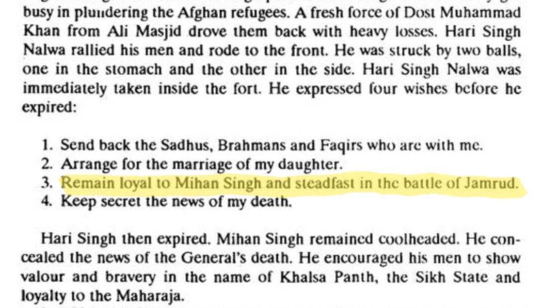 One of the last words of Hari Singh Nalwa, when he attained shaheedi in the Battle of Jamrud -

"Remain loyal to Mahan Singh Bali and steadfast in the battle of Jamrud."

Mahan Singh Bali (Mohyal Brahmin)was the main defender of the fort after the martyrdom of Hari Singh Nalwa.
