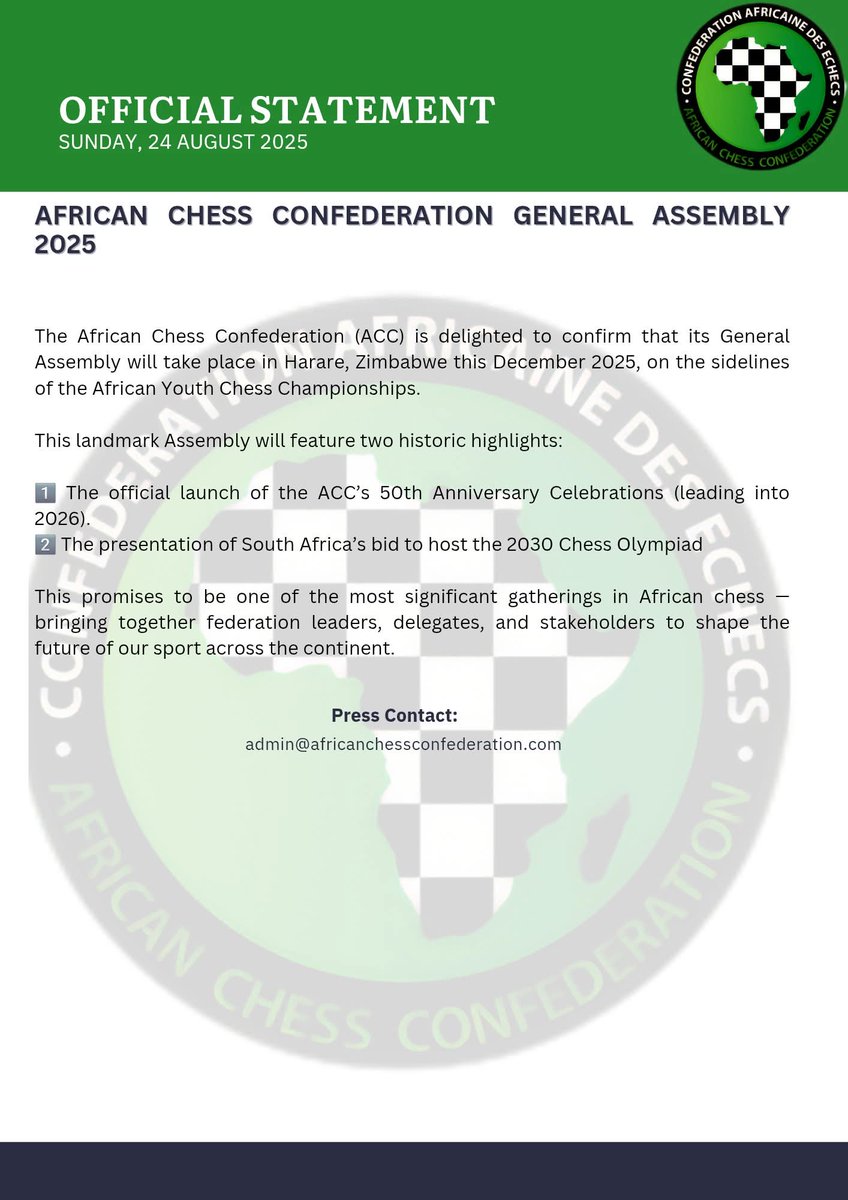 AfricanChessCon's tweet image. ♟️ From Harare to the world!
This December, the African Chess Confederation marks a historic moment  launching its 50th Anniversary celebrations and spotlighting South Africa’s 2030 Chess Olympiad bid
@robertmarawa @ZBCNewsonline @ZiFMStereo @DailyNewsZim
 #AfricanChess50