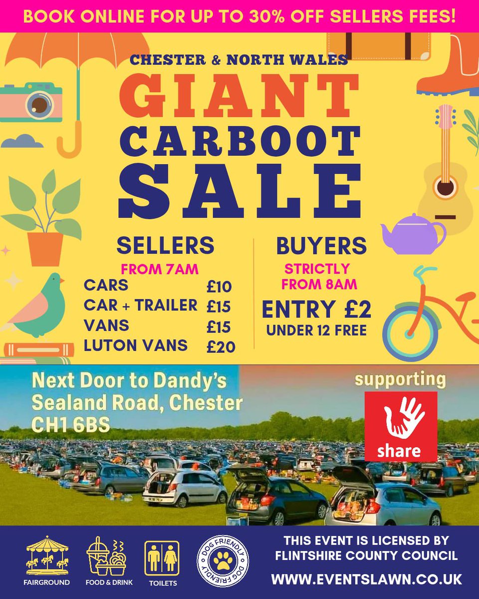 BANK HOLIDAY MONDAY CARBOOT SALE FROM 7am until 12 noon at CH1 6BS. Book online to save 30% here: eventslawn.co.uk/products/carbo… - Only 1 more left next Sunday after tomorrow so hurry and sell your unused items into cash and pick up some bargains. Sealand Rd, Next to