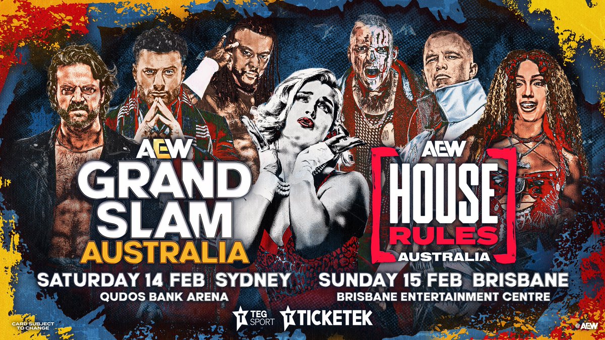 All Elite Wrestling (@aew) on Twitter photo 🚨 As announced by <a href="/newscomauHQ/">news.com.au</a>, AEW returns to Australia in 2026 with two nights of action!
AEW will make its Sydney debut on Sat, 2/15 at the <a href="/qudosbankarena/">Qudos Bank Arena</a>, then will head up north with #AEWHouseRules at the Brisbane Entertainment Centre on Sun, 2/16!
Tickets go on sale 🚨 As announced by <a href="/newscomauHQ/">news.com.au</a>, AEW returns to Australia in 2026 with two nights of action!
AEW will make its Sydney debut on Sat, 2/15 at the <a href="/qudosbankarena/">Qudos Bank Arena</a>, then will head up north with #AEWHouseRules at the Brisbane Entertainment Centre on Sun, 2/16!
Tickets go on sale