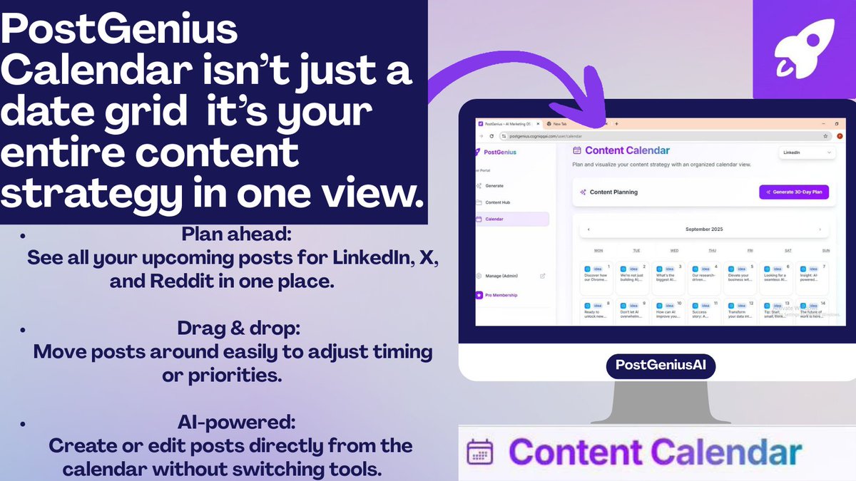 PostGeniusAI's tweet image. 🚀 60,000+ posts created &amp;amp; counting! PostGenius AI whips up killer content 10x faster. Plan a month of posts in one click &amp;amp; watch your pipeline grow. Try it free! #AITools #ContentCreation #ContentStrategy 
👉 postgenius.cogniqqai.com