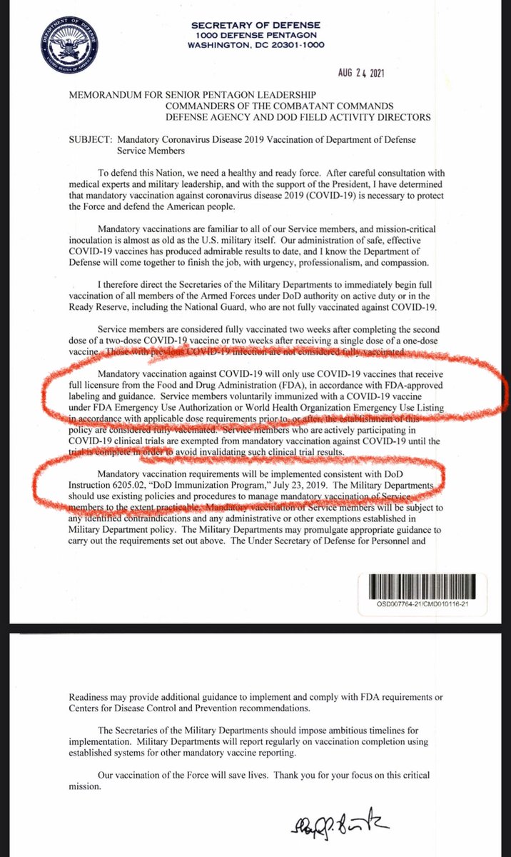 SincerelyHeld (@kacyjdixon) on Twitter photo Four years ago, today, then <a href="/SecDefAustin/">Archive: Lloyd J. Austin III</a> issued a memorandum mandating servicemembers to receive the Covid-19 “vaccine”. The memo was written to be technically legally sound - offering that *only* FDA approved and labeled products would be used for the mandate, while other doses Four years ago, today, then <a href="/SecDefAustin/">Archive: Lloyd J. Austin III</a> issued a memorandum mandating servicemembers to receive the Covid-19 “vaccine”. The memo was written to be technically legally sound - offering that *only* FDA approved and labeled products would be used for the mandate, while other doses