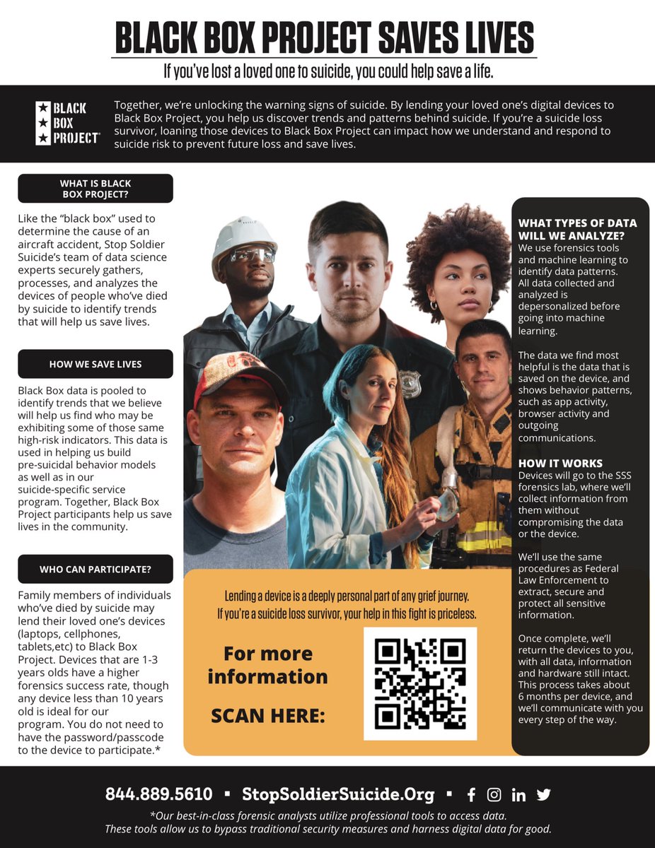 Black Box Project analyzes the devices of people who have died by suicide in order to better understand pre-suicidal behavior and develop suicide prevention strategies.
 
For more info visit StopSoldierSuicide.org/BlackBoxProject
 
For more resources visit KevinsSong.org/Suicide-Resour…