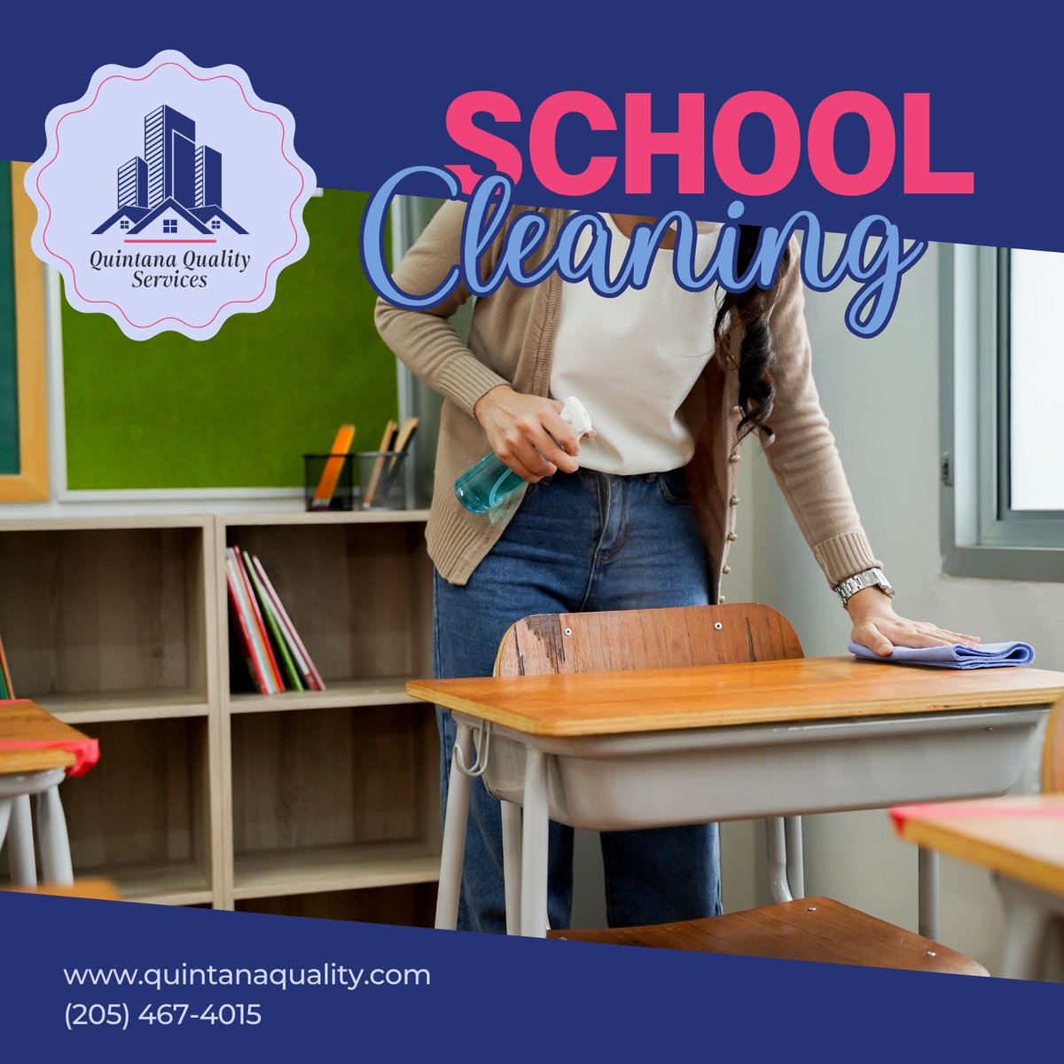 QuintanaQuality's tweet image. 🎒🧼Our professional school cleaning services provide safe, sanitized, and spotless learning environments for students and staff. 💼quintanaquality.com |(205) 467-4015 for a free quote. #SchoolCleaning  #HealthyLearning  #SafeSpaces  #QualityCleaning  #CleanEnvironment