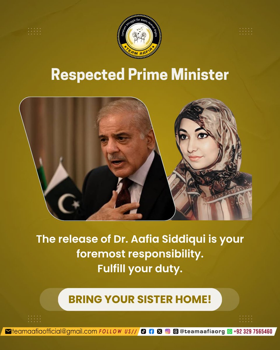 🔻Raja Abdul Hannan 🇵🇸🔻🔻 (@rajaabdulhanna9) on Twitter photo Respected Prime Minister! The release of Dr. Aafia Siddiqui is your foremost responsibility. Fulfill your duty. Bring your sister home!
#SaveAafiaNow
Team Aafia Official
<a href="/TeamAafiaOrg_/">Team Aafia official</a>
#AafiaSiddiqui #FreeAafia
FMC Carswell Respected Prime Minister! The release of Dr. Aafia Siddiqui is your foremost responsibility. Fulfill your duty. Bring your sister home!
#SaveAafiaNow
Team Aafia Official
<a href="/TeamAafiaOrg_/">Team Aafia official</a>
#AafiaSiddiqui #FreeAafia
FMC Carswell