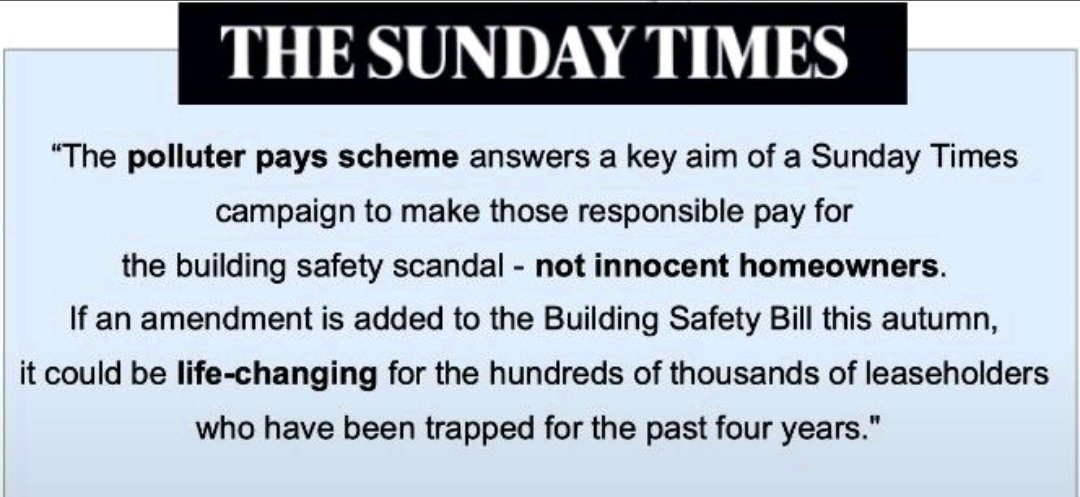 polluterpaysbsb's tweet image. @thetimes backs the Earl of Lytton's polluter pays consumer protection legislation for building defects for good reason.
1.7 million leaseholders cruelty excluded by the Building Safety Act, a watered down remediation standard that allows banned combustible material to be…