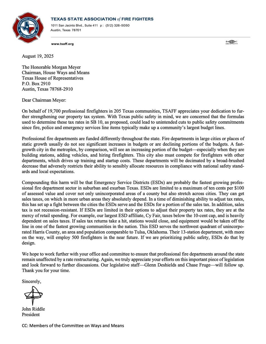 Texas firefighters and friends… Please call and email your legislators to ensure that public safety is protected in SB 10. Our August 19 letter to Texas Rep. Morgan Meyer, the House Ways and Means chair, is attached. To find your legislator, please go to: wrm.capitol.texas.gov/home