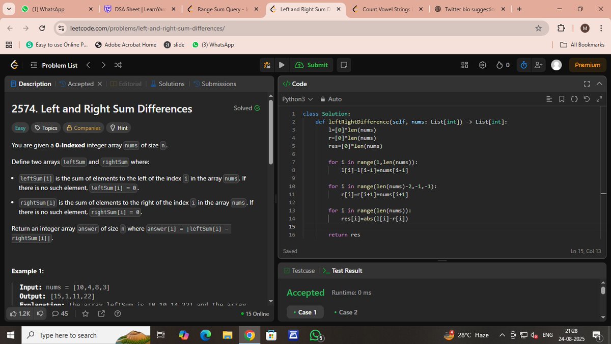 d_isha2003's tweet image. 🚀 Day 31 of #60DaysOfCode
Crossed the halfway mark towards 60 days! 🔥
Today I practiced Prefix Sum technique — a powerful tool for handling range queries efficiently.
Consistency compounds. On to Day 32! 💻✨
#60DaysOfCode #DSA #CodingJourney #MERN #ProblemSolving