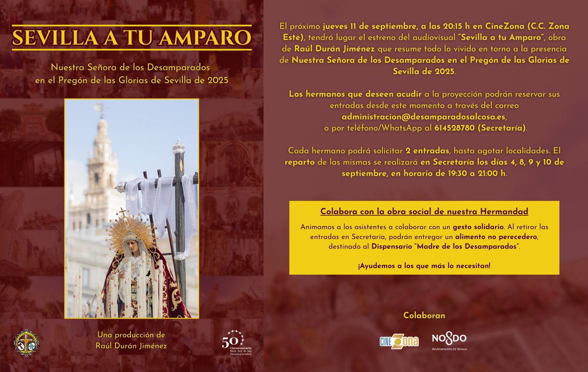 Recuerda que se estrenará el jueves 11 de septiembre, a las 20:15h, en <a href="/CCZonaEste/">CC ZonaEste</a>. Los hermanos que deseen asistir a la proyección, pueden reservar ya sus entradas. 

ℹ desamparadosalcosa.es/sevilla-a-tu-a…

(II/II)

#SevillaATuAmparo #BurdeosyOro