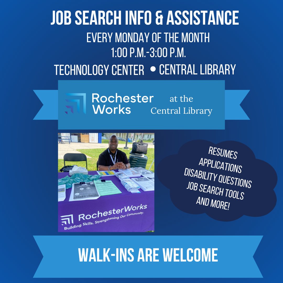 RochesterWorks's tweet image. Update your resume or sign up for career training! Get started by seeing RW&apos;s Community Outreach Specialist, Leroy, at the Central Library for FREE expert assistance.

#JobAssistance #CentralLibrary #JobSeekers #JobSearch #CareerHelp