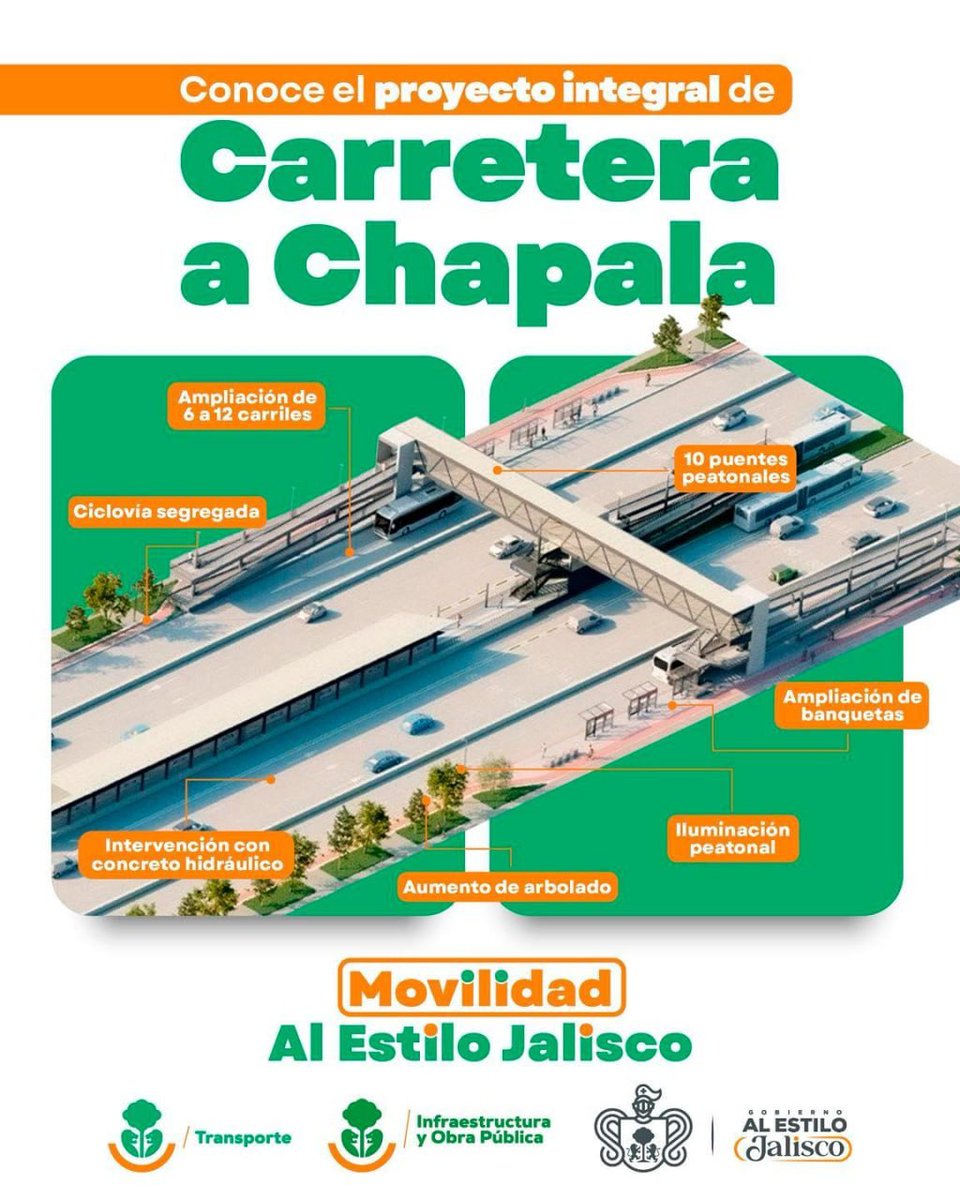 ¡Conoce más sobre el proyecto integral de la Carretera a Chapala! 👇🏼

Este proyecto prioriza a las y los peatones al contar con mayor iluminación y ampliación en las banquetas, nuevos puentes y accesibilidad universal, además de contar con ciclovías. 🚲
