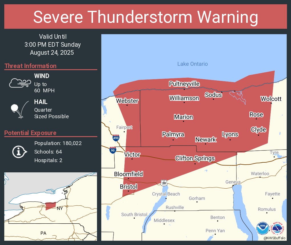 Severe Thunderstorm Warning including Newark NY, Webster NY and  Lyons NY until 3:00 PM EDT