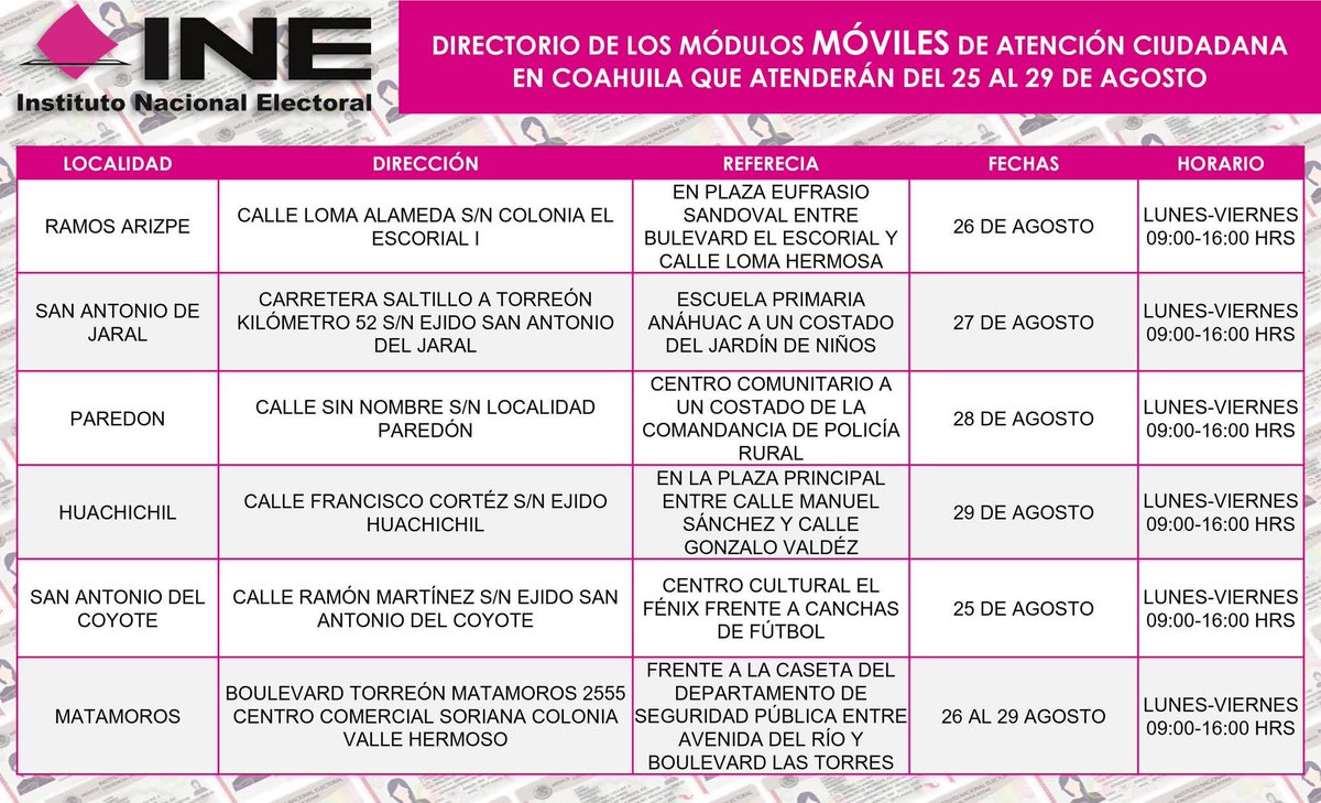 Te compartimos las sedes que visitarán los Módulos Móviles del INE Coahuila durante la semana del 25 al 29 de agosto
Recuerda que para todos los trámites se necesita:
✅ Acta de nacimiento
✅ Comprobante de domicilio
✅ Identificación con fotografía