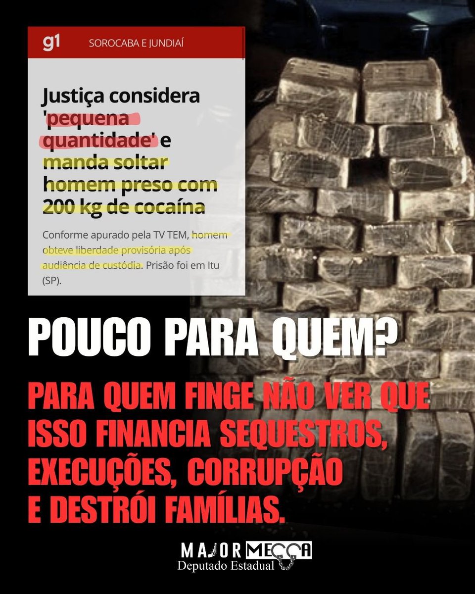 Major Mecca (@majormecca) on Twitter photo 200 kg de cocaína. O juiz disse que era pouco e soltou. Pouco? Isso financia facções, mortes e corrupção. Sem mais. 200 kg de cocaína. O juiz disse que era pouco e soltou. Pouco? Isso financia facções, mortes e corrupção. Sem mais.