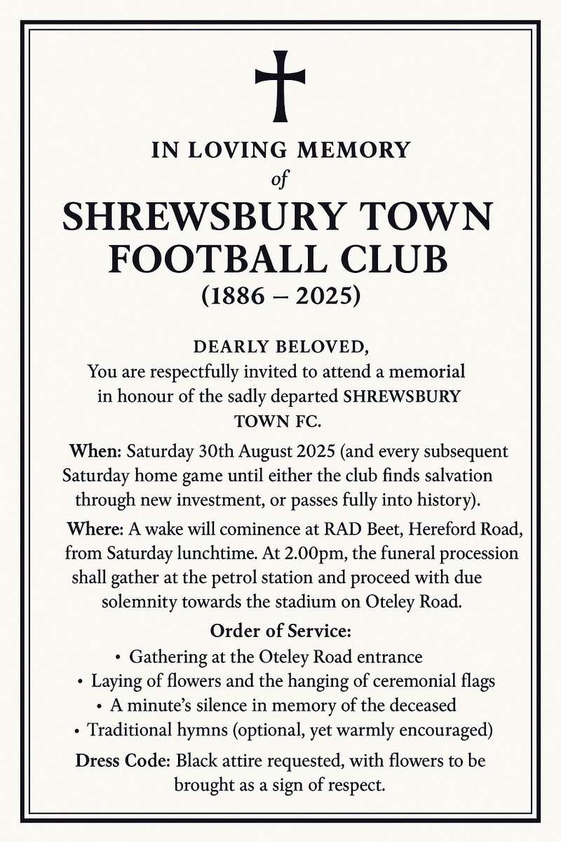 ShrewmourMill's tweet image. 🗣️ 𝙎𝙝𝙖𝙧𝙚𝙙 𝙖𝙨 𝙧𝙚𝙦𝙪𝙚𝙨𝙩𝙚𝙙

🪧 2pm, Saturday 30th August. 

🪧 Please feel free to share the image.

🪧 Please be respectful of RAD bar as a meeting place only. The actual walk starts from the petrol station.

🪧 WEAR BLACK. Bring flowers. Tell your friends.