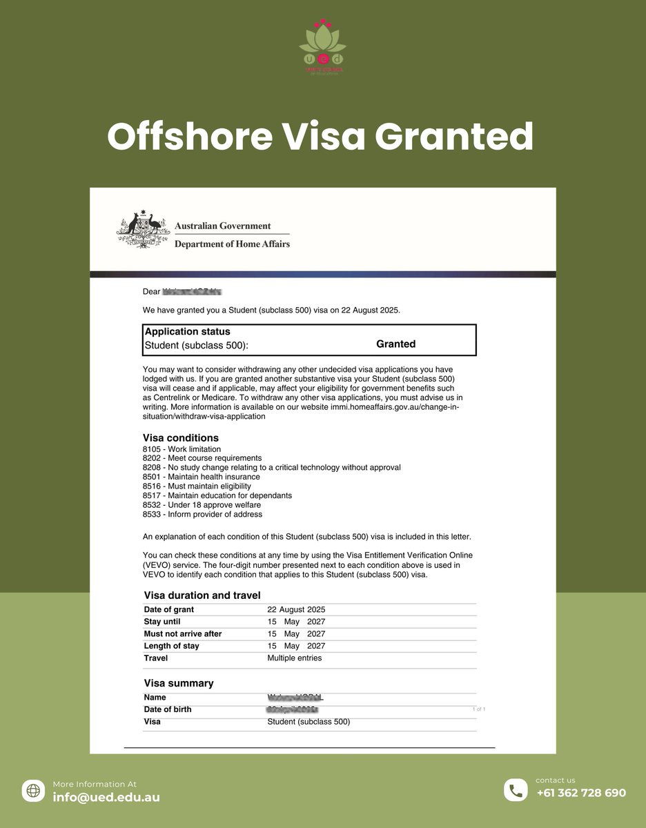 UnitySchoolD's tweet image. We are thrilled to announce that one of our students has successfully received their Australian Student Visa (Subclass 500) – granted offshore on 22nd August 2025!

✅ Multiple entry visa
✅ Valid until May 2027
✅ Work &amp;amp; study opportunities

#VisaGranted #StudyInAustralia