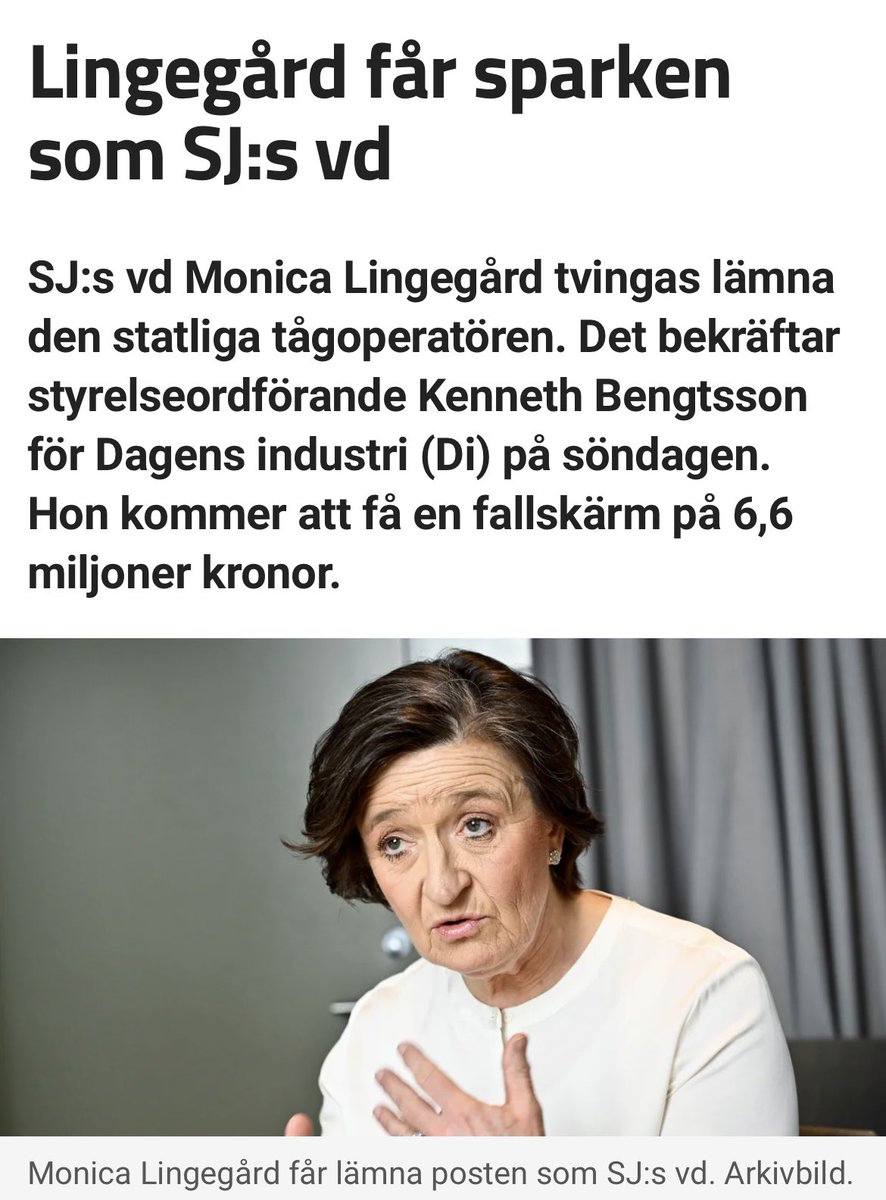 Monica är nog tacksam för sin miljonfallskärm! 
SJ avsätter henne med en önskan att ha en VD med möjlighet till att ha ett mer mångårigt perspektiv- så därför hon får gå - pga av sin höga ålder. Verkar 6,6 miljoner rimligt för det?