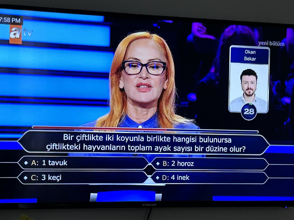 Az önce hanımefendi bu soruya telefon jekor hakkını kullandı , telefondaki beyefendide 3 keçi cevabını verdi. 🙄🙄