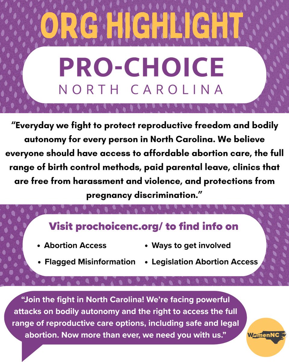 💜 Today’s org spotlight: Pro-Choice North Carolina—a powerful voice defending reproductive freedom &amp; bodily autonomy across the state.

#ProChoiceNC #ReproductiveJustice #BodilyAutonomy #ClinicProtection #NCActivism #WomenNCSpotlight #HealthEquity