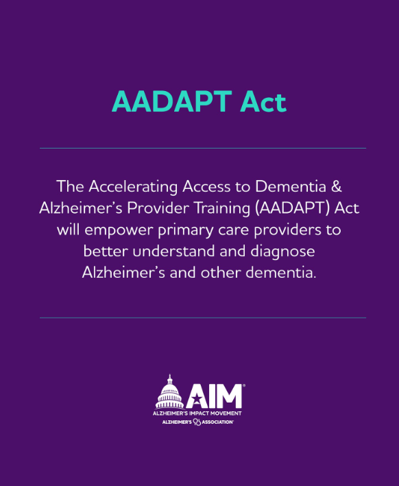 AlzNorCalNorNev's tweet photo. 🎆 We’re proud to support the bipartisan #AADAPTAct bill, which will empower primary care providers to better diagnose Alzheimer’s and other dementia and deliver high-quality, person-centered care in community-based settings. https://t.co/1grnPjcWr8