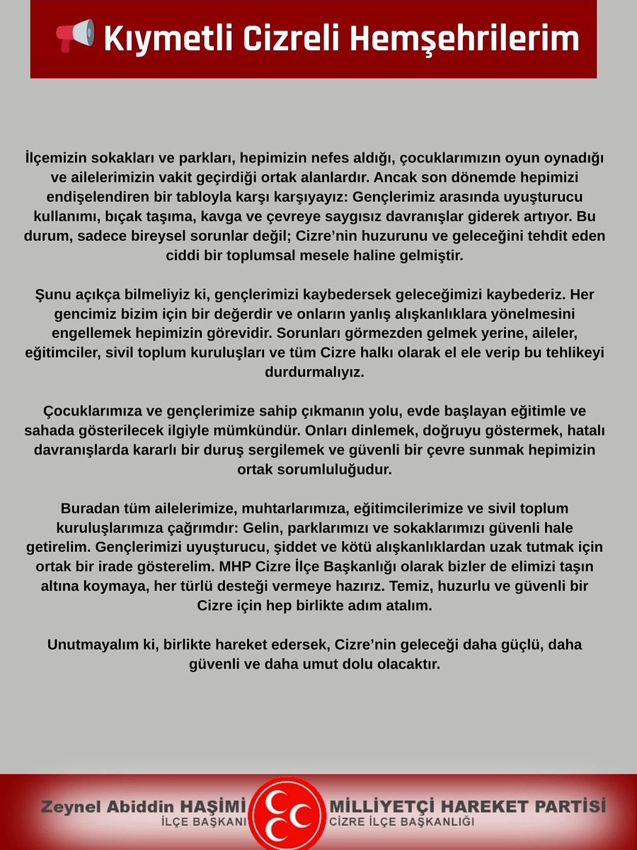 Gençlere Çağrımızdır ! Şehrimize Sahip Çıkalım Büyüklerimize Saygı Gösterelim. Ne Sorununuz Sıkıntınız Varsa Elimizden Ne Gelirse Yapmaya Hazırız.

<a href="/MHP_Bilgi/">MHP</a> 
<a href="/E_SemihYalcin/">E. Semih Yalçın</a> 
<a href="/ayyildirim1/">Ahmet Yiğit Yıldırım</a>