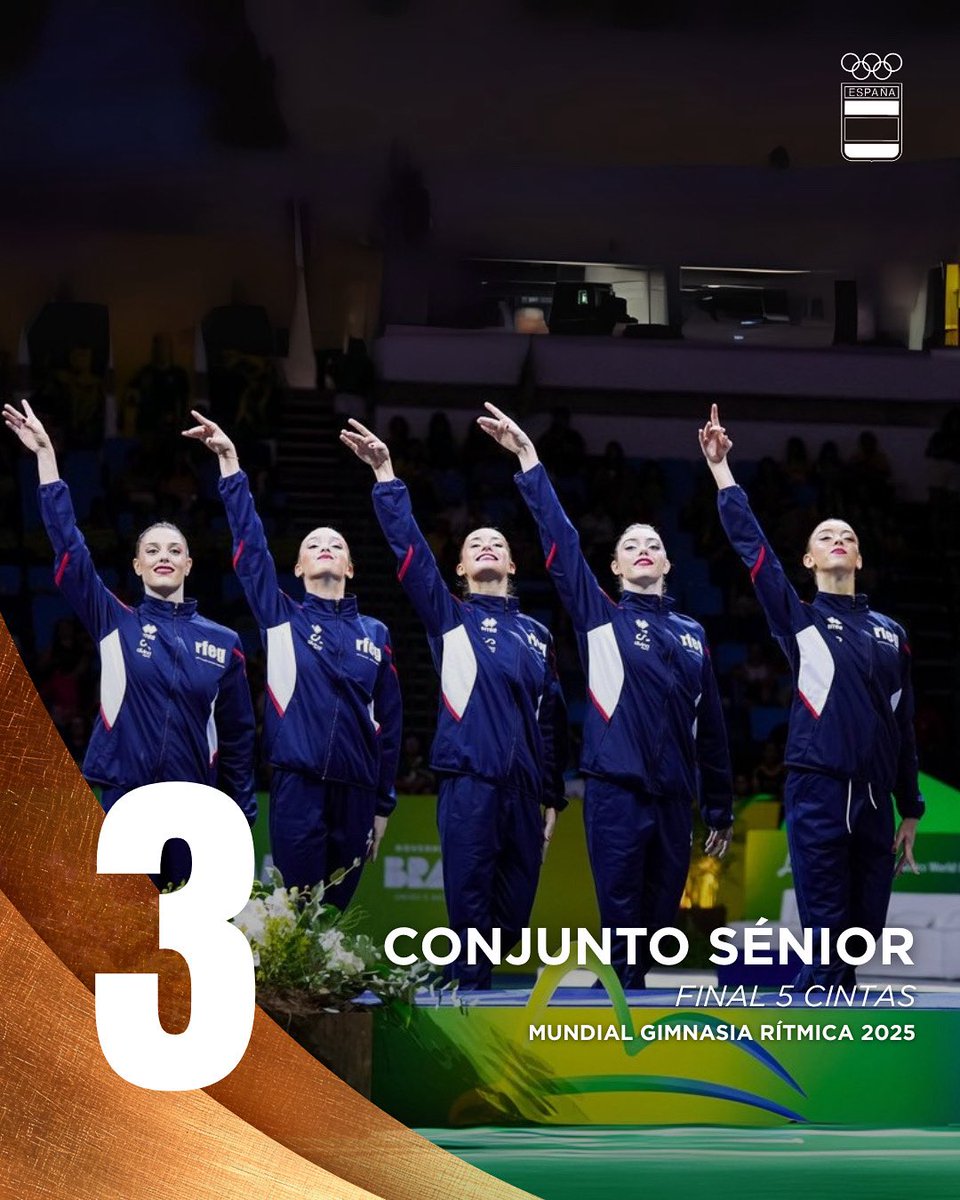 🥉 ¡𝐘 𝐨𝐭𝐫𝐨 𝐛𝐫𝐨𝐧𝐜𝐞 𝐦á𝐬!

✨ El conjunto español vuelve a brillar en el Mundial de Río, esta vez con la medalla en la final de 5 cintas.

👏 Doble alegría para nuestras chicas de la rítmica y <a href="/RFEGimnasia/">RFEGimnasia</a> 

¡Orgullo absoluto!