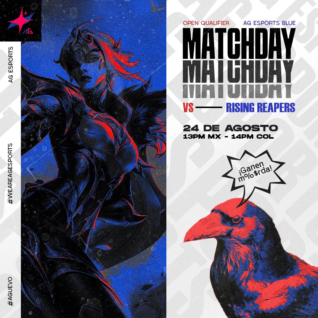 AGEsports27's tweet image. SEGUNDO DIA DE QUALYS @Lolacelatam .

AG Blue empieza a la 1pm🇲🇽 2pm🇨🇴 vs @Rising_Reapers , reaccionamos con @Pollolover30 y algunos players y amigos.

Después reaccionamos al partido de AG que esta esperando rival a las 5pm 🇲🇽6pm🇨🇴.

canal del ceo
twitch.tv/xcuervito