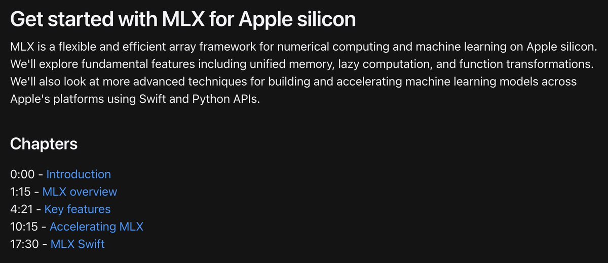 I post about LLMs a lot, but MLX is much more than an LLM inference framework.

A good way to learn more about its many features is the intro video we made for WWDC 25:
