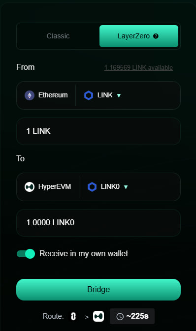 Screenshot of HyBridge interface bridging LINK from Ethereum to HyperEVM