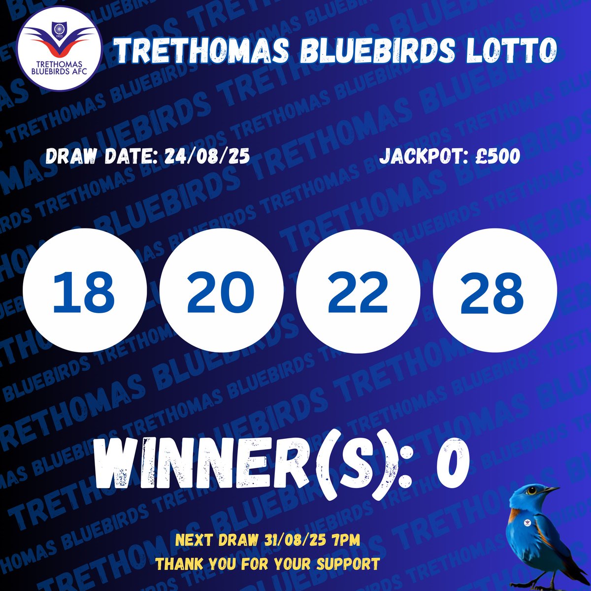 💙No Winners This Week 😢💙
You can now enter next week’s draw and support the Bluebirds via the link below unless you have auto re-renewed as part of your initial entry.
trethomasbluebirdsafc.clubforce.com/products/lotto…
Thank you for your support 💙
#UppaTre