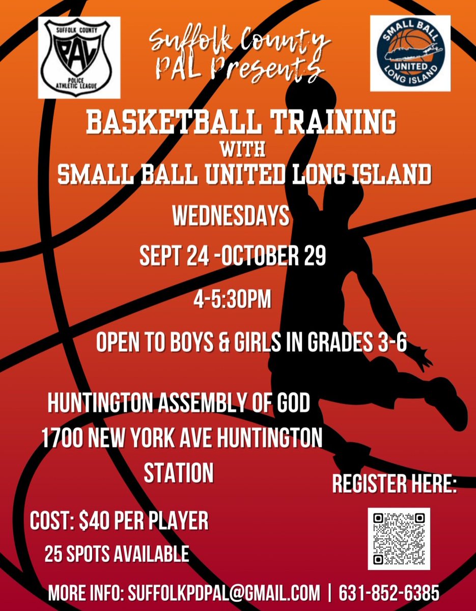 suffolkPALs's tweet photo. PAL will be hosting a few upcoming basketball programs that you should be on the look out for!
The first is PAL is partnering with Small Ball United for Basketball Training for youth entering grades 3rd-6th.
Register online.
#PALBasketball #smallballunited https://t.co/iVAC14nqP4